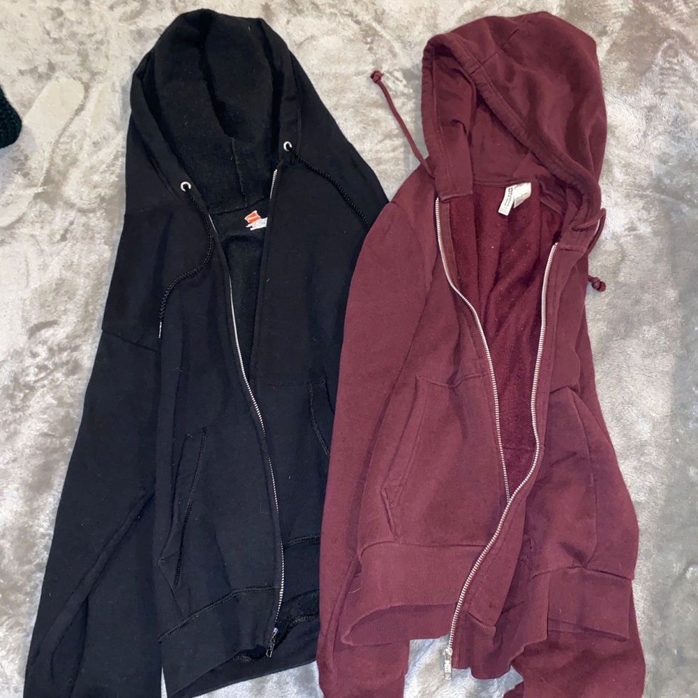 Zip up jacket duo: One Dividend and one Hanes